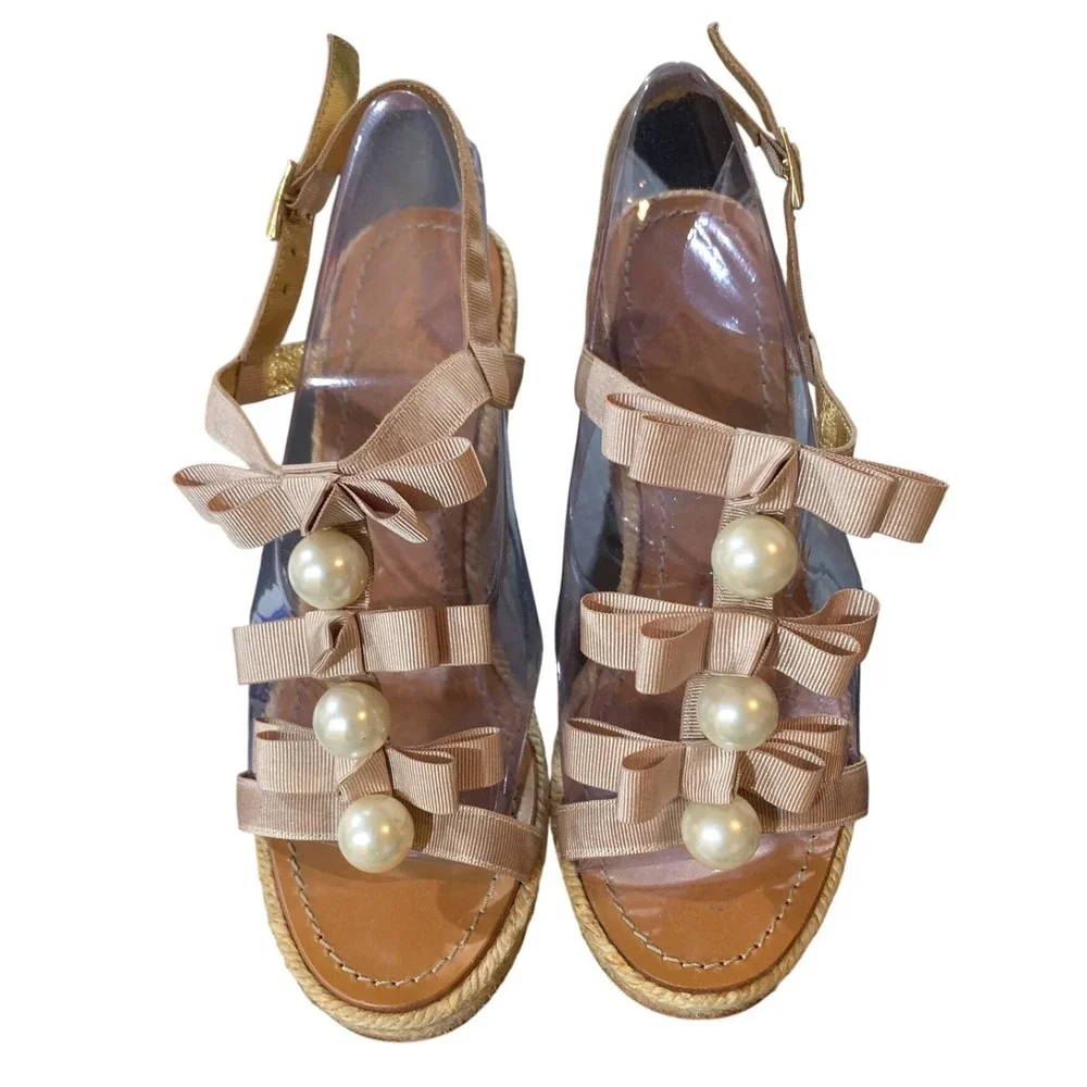 Kate Spade Espadrille Wedge Sandals Ribbon Bow Pearl Detail Feminine Size 8.5